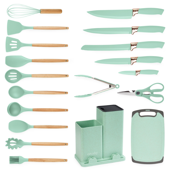 Set ustensile bucatarie 19 piese silicon alimentar cutite tocator termorezistente antiaderente suport blat VERDE MENTA